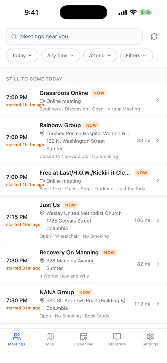 The meetings list, showing what is starting soonest nearby with a countdown and the distance to each one.