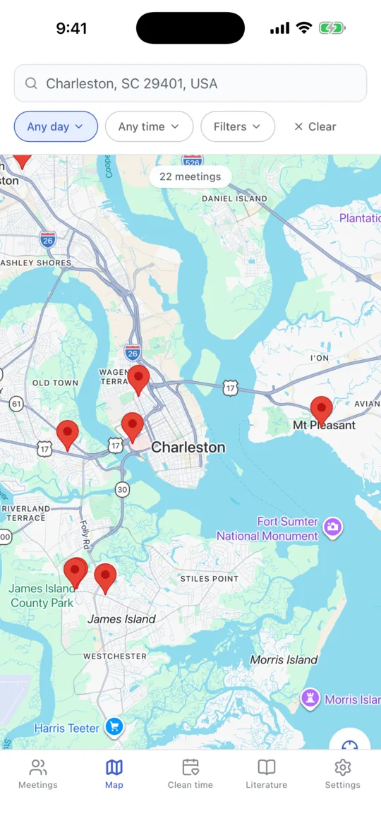 A map of nearby meetings, each with a pin at its venue.
