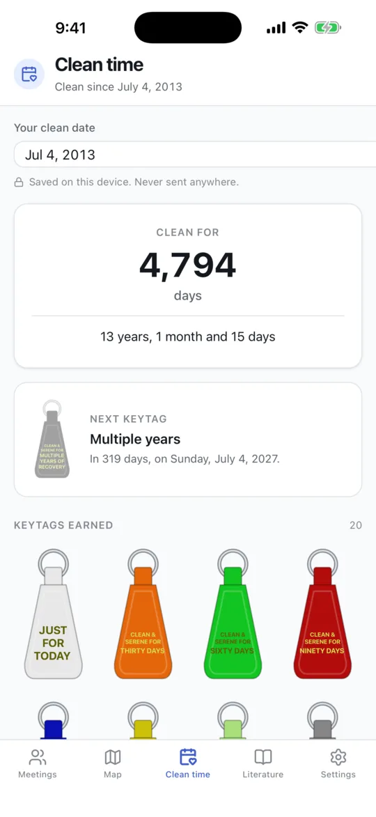 A clean time count in days and years, with the keytags earned so far and the next one due.